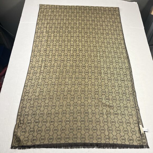Michael Kors Monogram Logo Woven Fringe Shawl Brown Tan Wrap Elegant 80 x 25 - Picture 1 of 7
